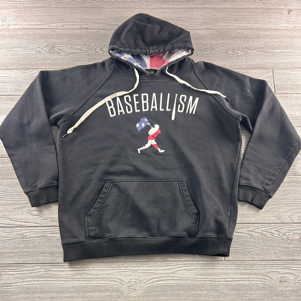 Baseballism Mens XL Black Flag Bearer Graphic Hoodie Raglan Sweatshirt 362